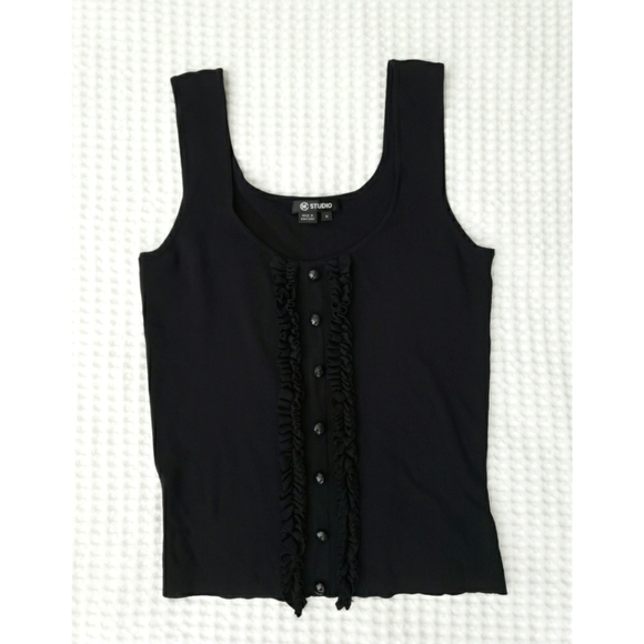 CM studios black fine knit tuxedo ruffle blouse M - Picture 1 of 4